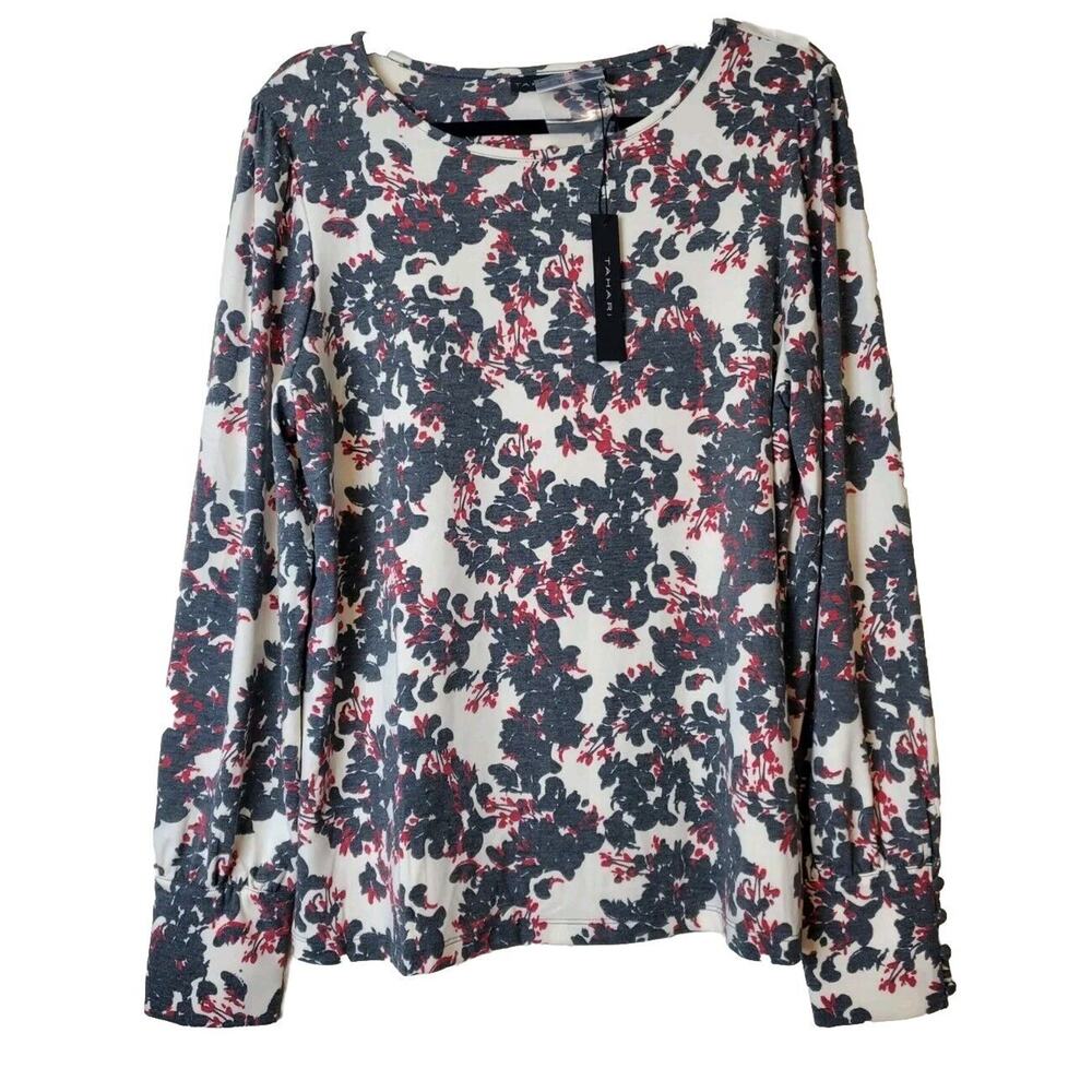 NEW Tahari Women Top XL Ivory Floral Long Sleeve‎ Pullover Stretch Black Soft!